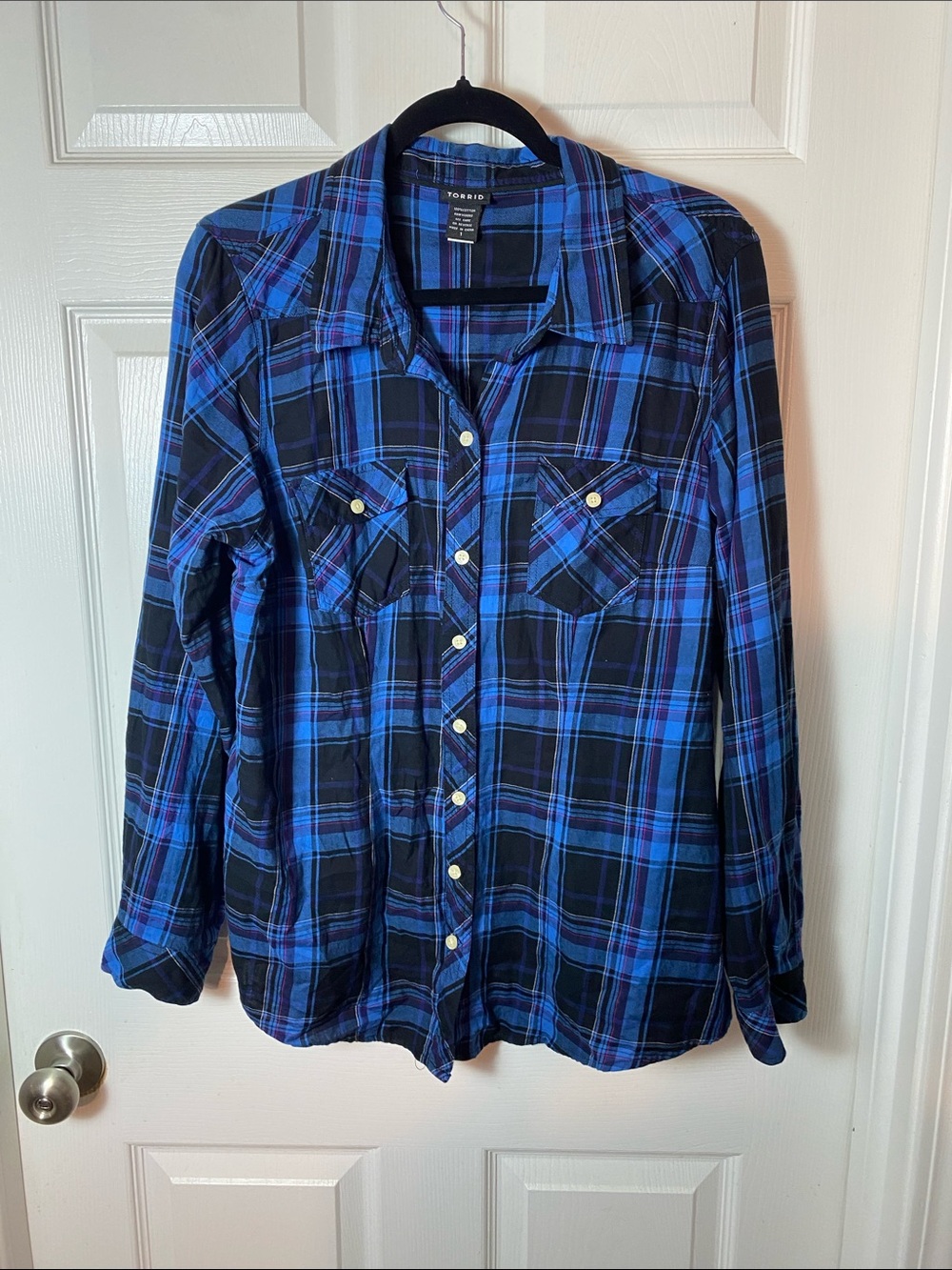 Torrid Blue and Black Plaid Button-Front Long Sleeve Shirt Cotton Plus Size 1x